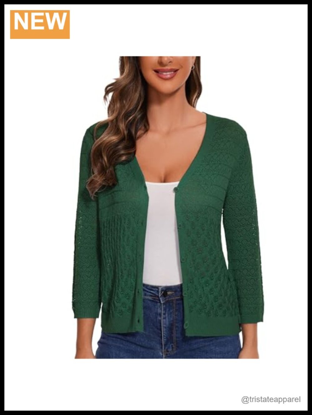 Crochet Cardigan 3/4 Sleeve Open Front Knit Sweater